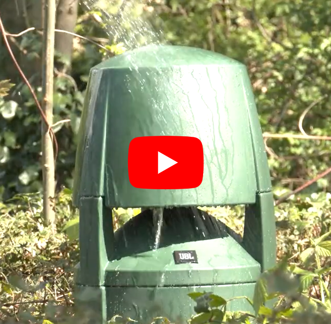 JBL landscape loudspeaker gets drenched with water with youtube play icon.