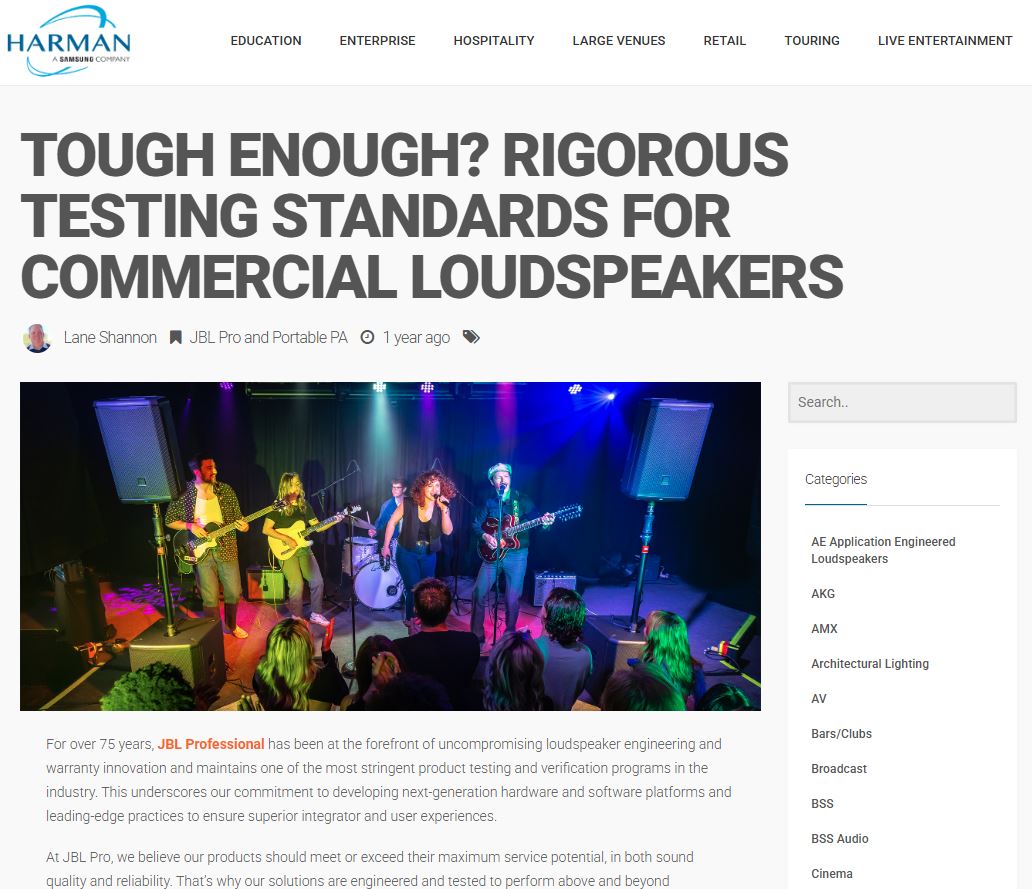Screenshot of Commercial Loudspeakers Testing Blog